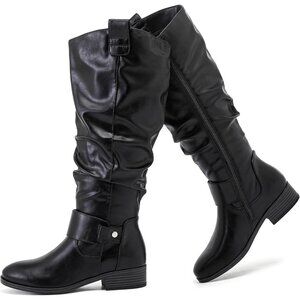 Women's Man Made Leather Black Pu 124 Knee High Flat Tall Zipped Round Toe Boot